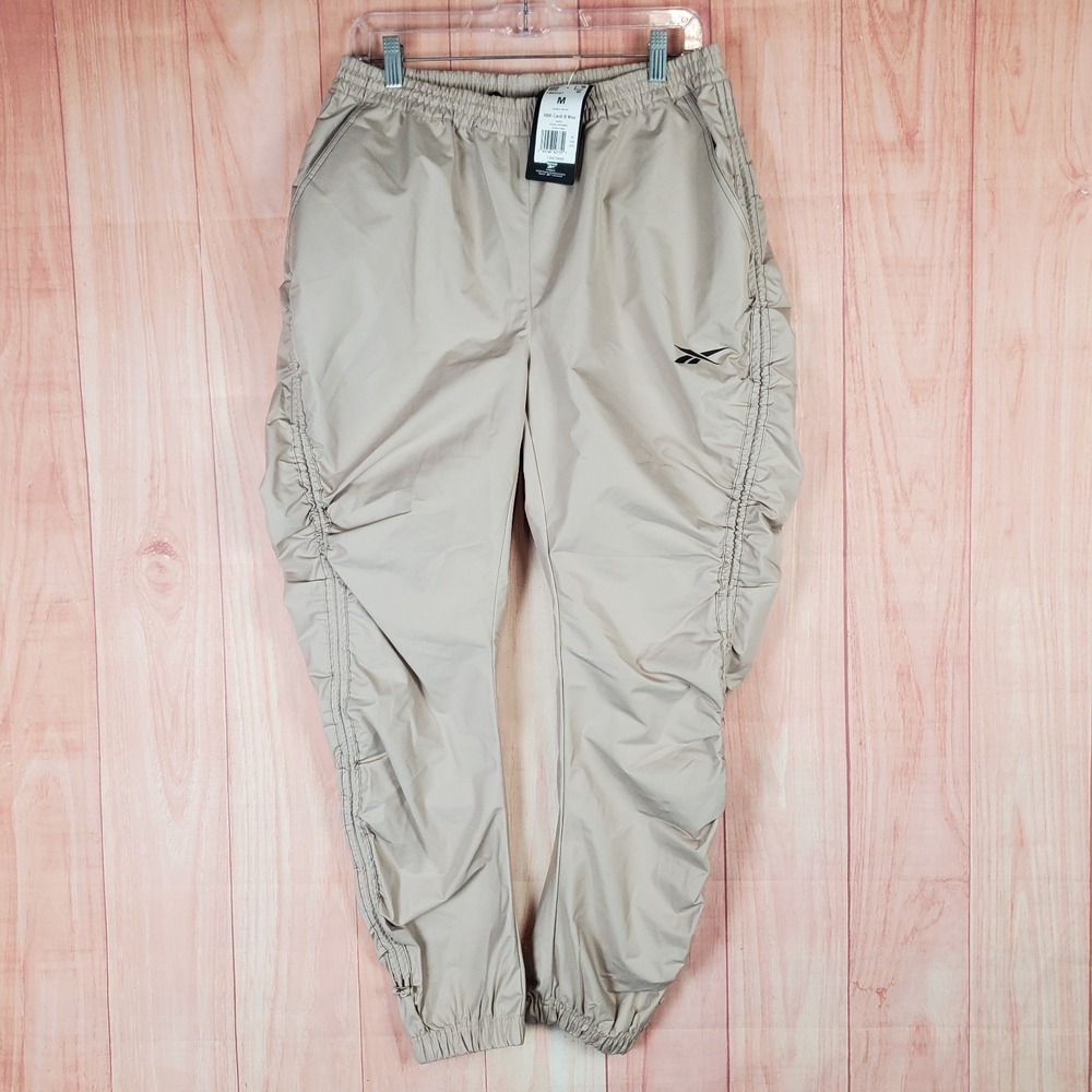 Reebok X Cardi B Woven Track Pants Womens Medium‎ Tan Logo Ruched Detail Dance